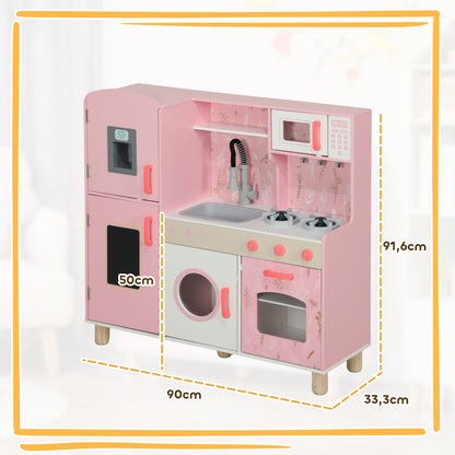 Toy Kitchen for Children +3 Years Wooden Children's Kitchen Play Kitchen with Sound Stove Oven Faucet Sink Microwave Washer Ice Machine and Accessories Pink