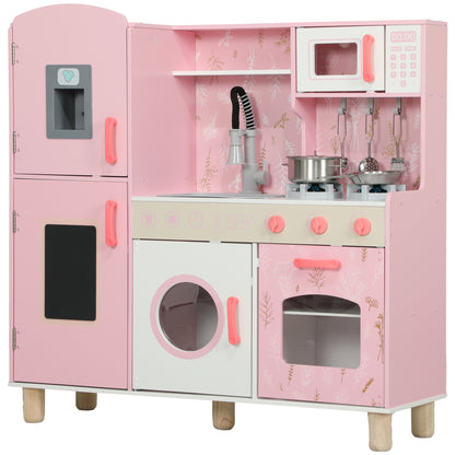 Toy Kitchen for Children +3 Years Wooden Children's Kitchen Play Kitchen with Sound Stove Oven Faucet Sink Microwave Washer Ice Machine and Accessories Pink