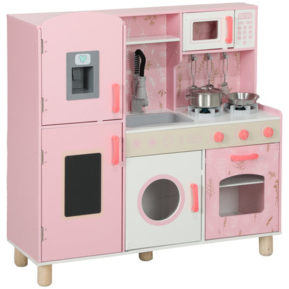 Toy Kitchen for Children +3 Years Wooden Children's Kitchen Play Kitchen with Sound Stove Oven Faucet Sink Microwave Washer Ice Machine and Accessories Pink