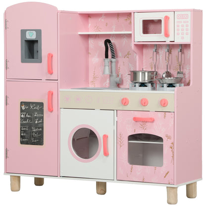Toy Kitchen for Children +3 Years Wooden Children's Kitchen Play Kitchen with Sound Stove Oven Faucet Sink Microwave Washer Ice Machine and Accessories Pink