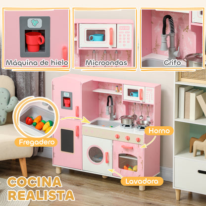 Toy Kitchen for Children +3 Years Wooden Children's Kitchen Play Kitchen with Sound Stove Oven Faucet Sink Microwave Washer Ice Machine and Accessories Pink
