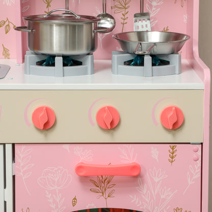 Toy Kitchen for Children +3 Years Wooden Children's Kitchen Play Kitchen with Sound Stove Oven Faucet Sink Microwave Washer Ice Machine and Accessories Pink