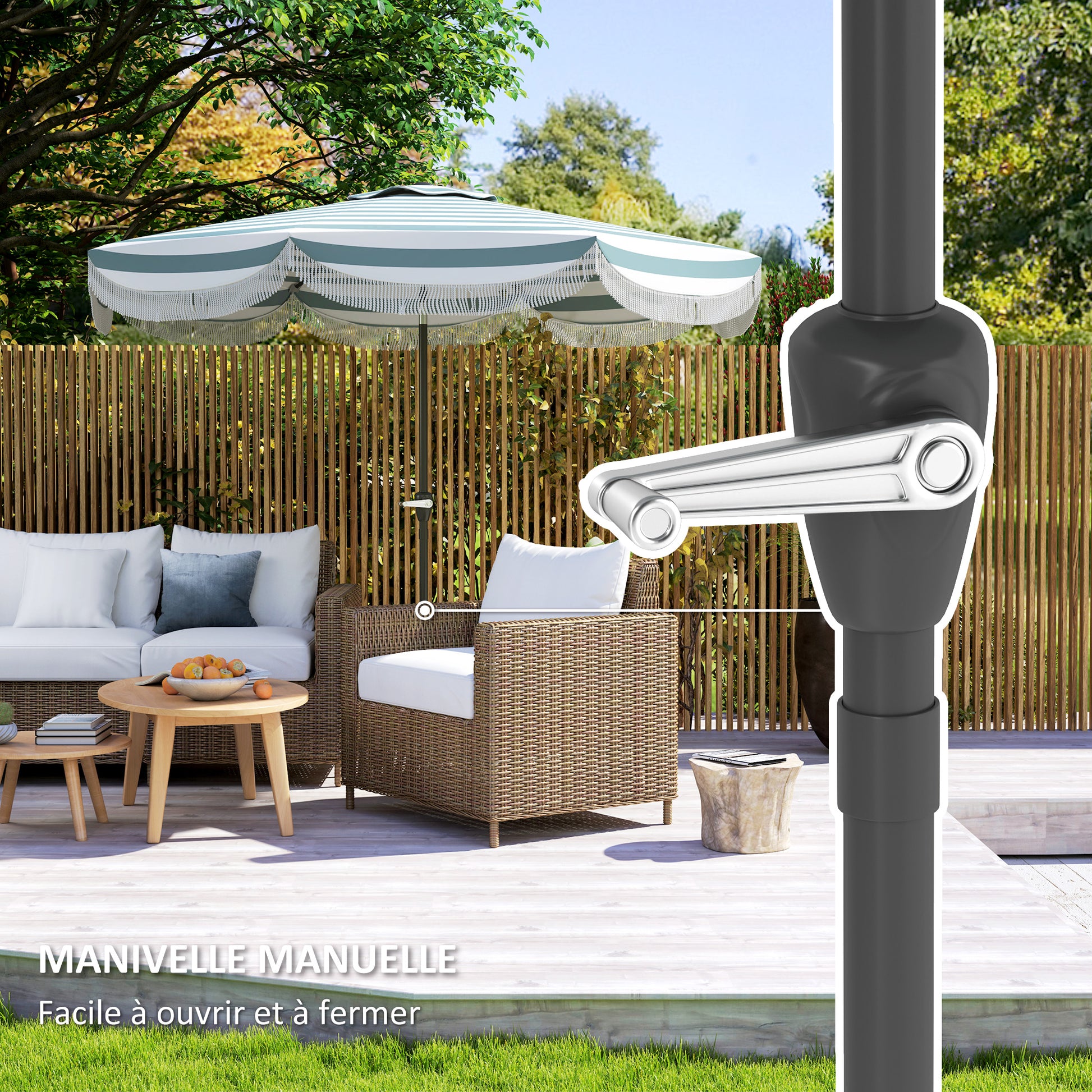 Outdoor Garden Parasol Tilted Round Umbrella Ø2.7 x 2.4 m Straight Umbrella with Crank Opening and Closing, Fringes, 180 g/m² UV Protection UPF 30+, for Balcony, Terrace, Blue