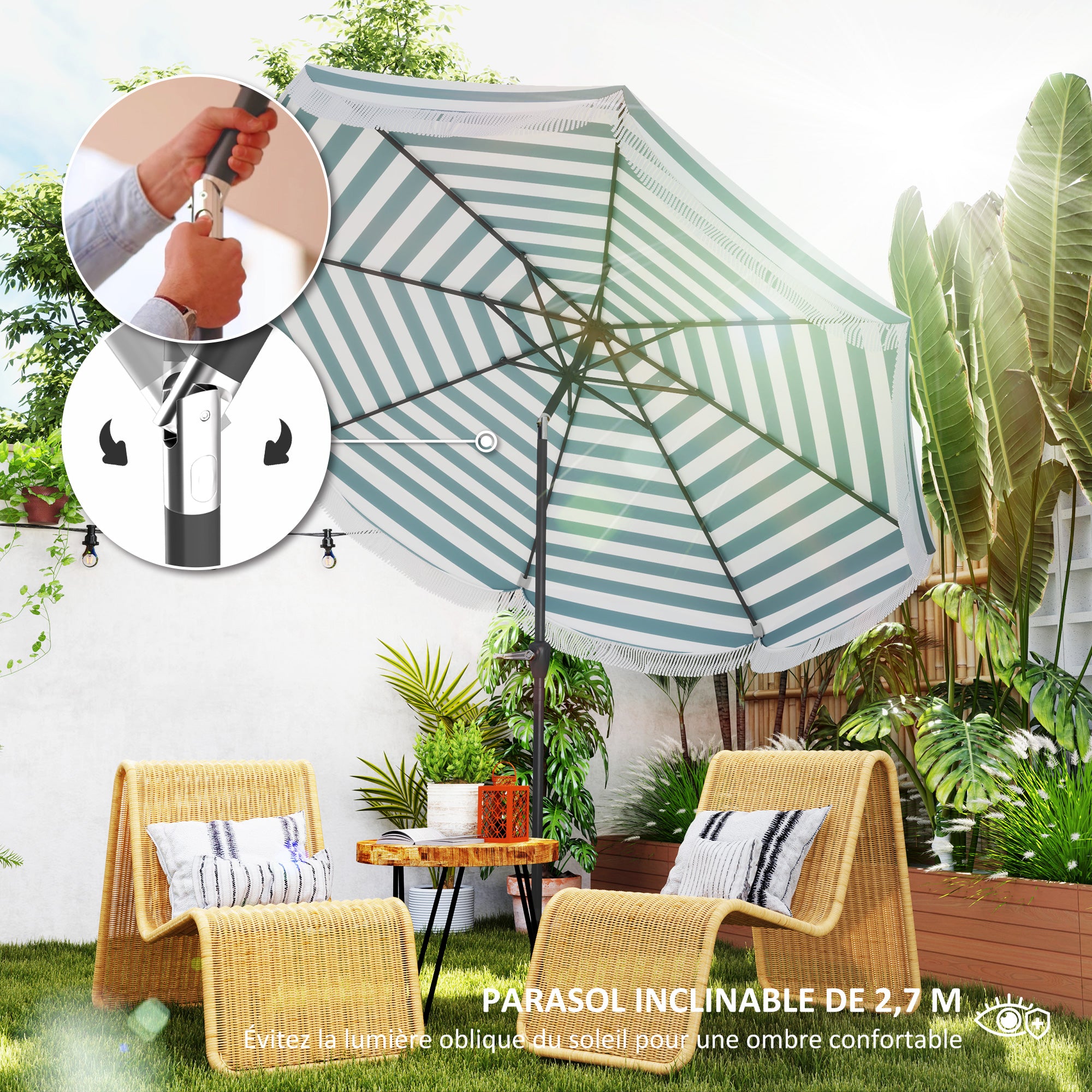 Outdoor Garden Parasol Tilted Round Umbrella Ø2.7 x 2.4 m Straight Umbrella with Crank Opening and Closing, Fringes, 180 g/m² UV Protection UPF 30+, for Balcony, Terrace, Blue