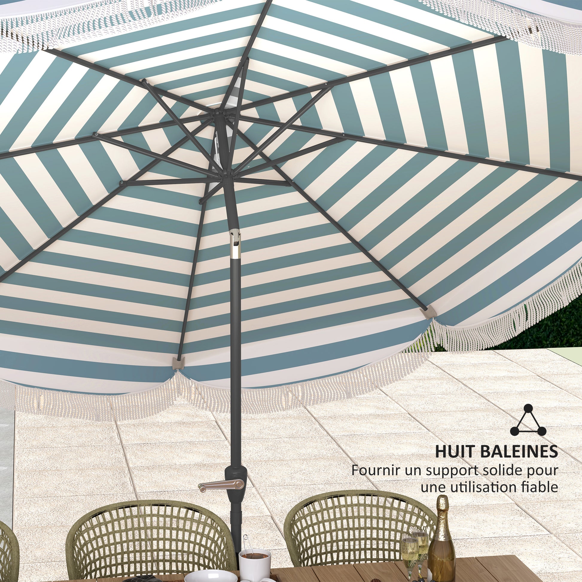 Outdoor Garden Parasol Tilted Round Umbrella Ø2.7 x 2.4 m Straight Umbrella with Crank Opening and Closing, Fringes, 180 g/m² UV Protection UPF 30+, for Balcony, Terrace, Blue
