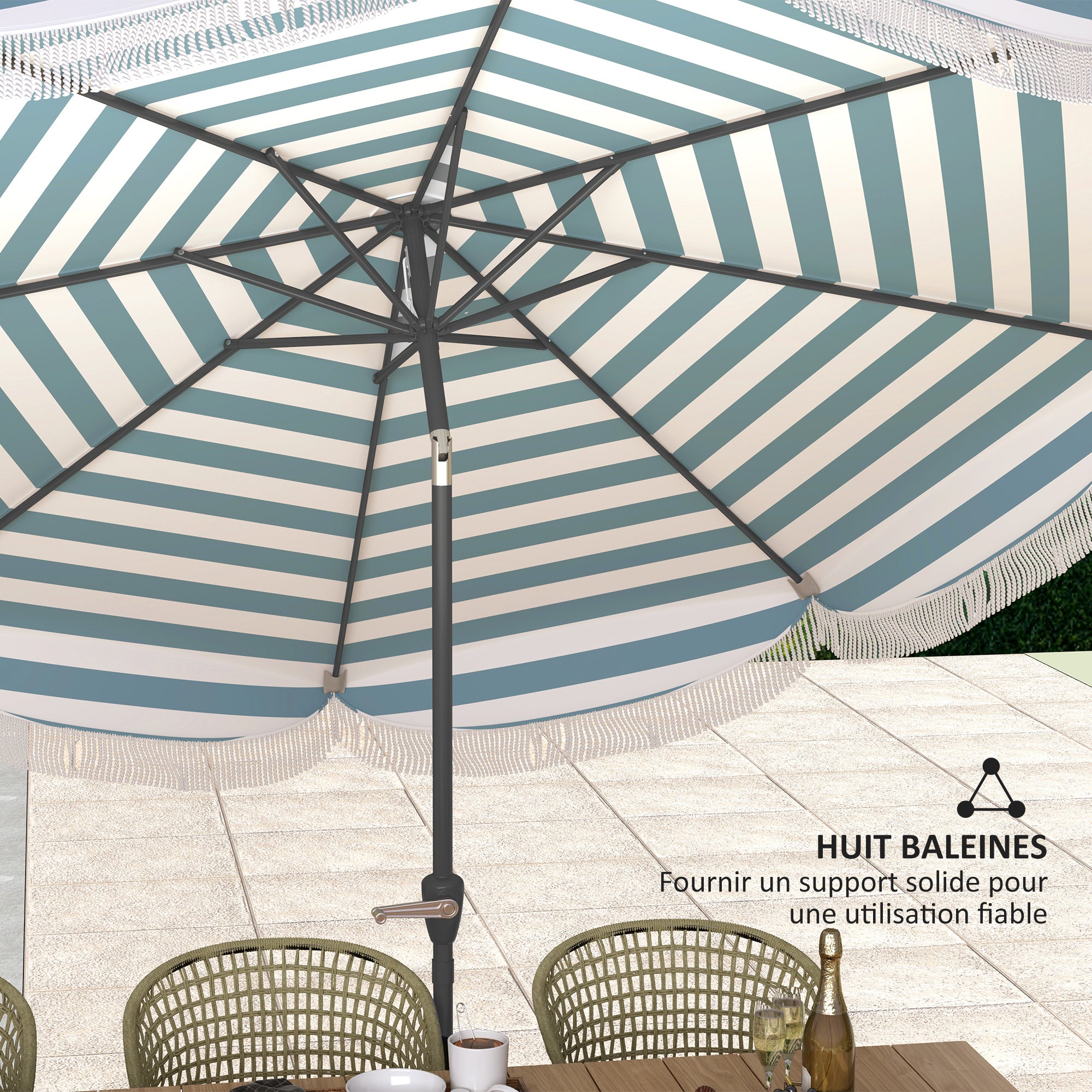 Outdoor Garden Parasol Tilted Round Umbrella Ø2.7 x 2.4 m Straight Umbrella with Crank Opening and Closing, Fringes, 180 g/m² UV Protection UPF 30+, for Balcony, Terrace, Blue