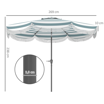 Outdoor Garden Parasol Tilted Round Umbrella Ø2.7 x 2.4 m Straight Umbrella with Crank Opening and Closing, Fringes, 180 g/m² UV Protection UPF 30+, for Balcony, Terrace, Blue