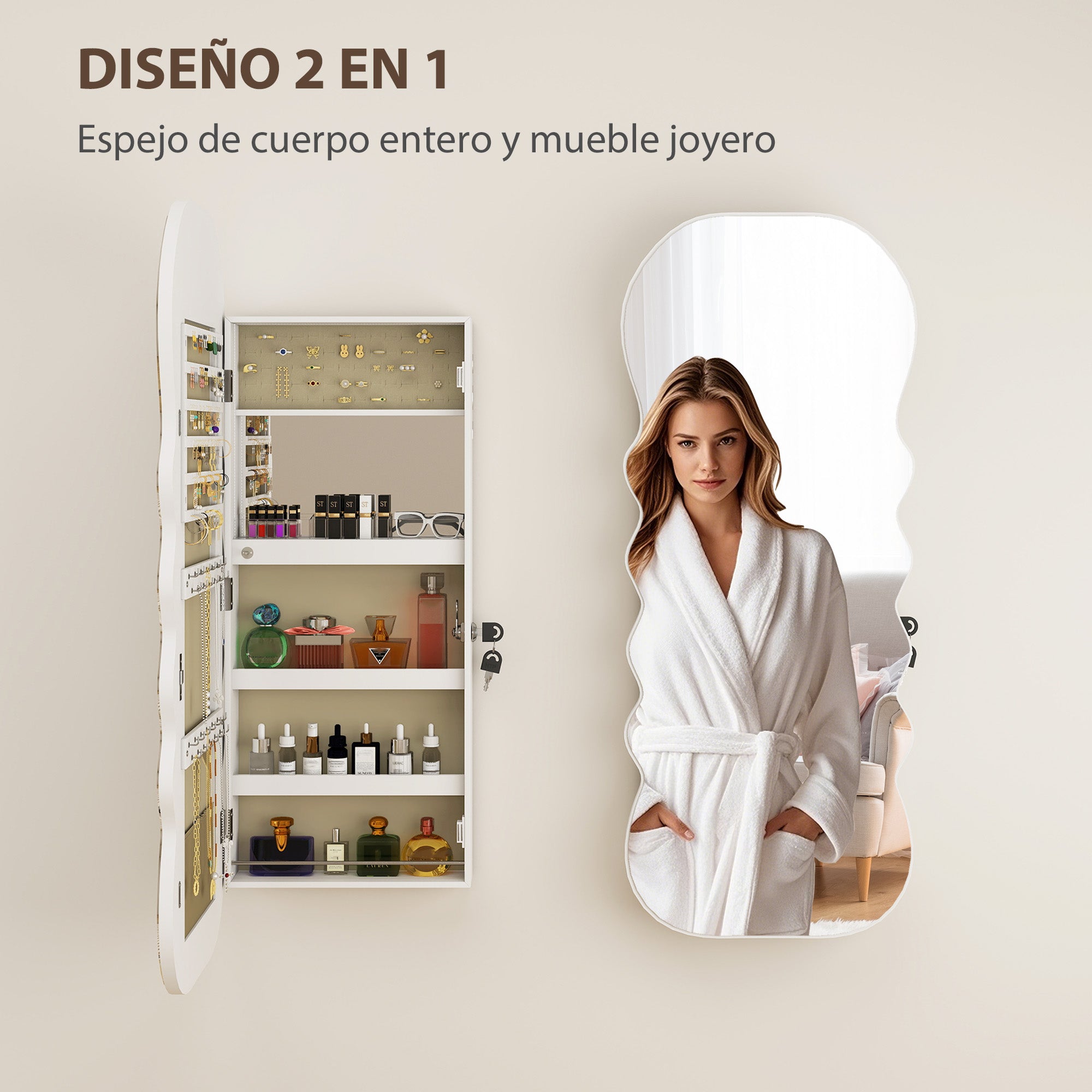 LED Jewelry Mirror with 3-Color Light, Wall- or Door-Mount Jewelry Cabinet with Lock, Full-Length Wavy Design, White