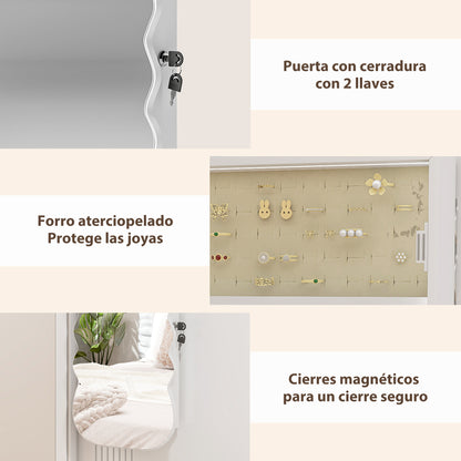 LED Jewelry Mirror with 3-Color Light, Wall- or Door-Mount Jewelry Cabinet with Lock, Full-Length Wavy Design, White