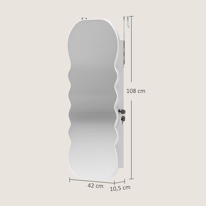 LED Jewelry Mirror with 3-Color Light, Wall- or Door-Mount Jewelry Cabinet with Lock, Full-Length Wavy Design, White