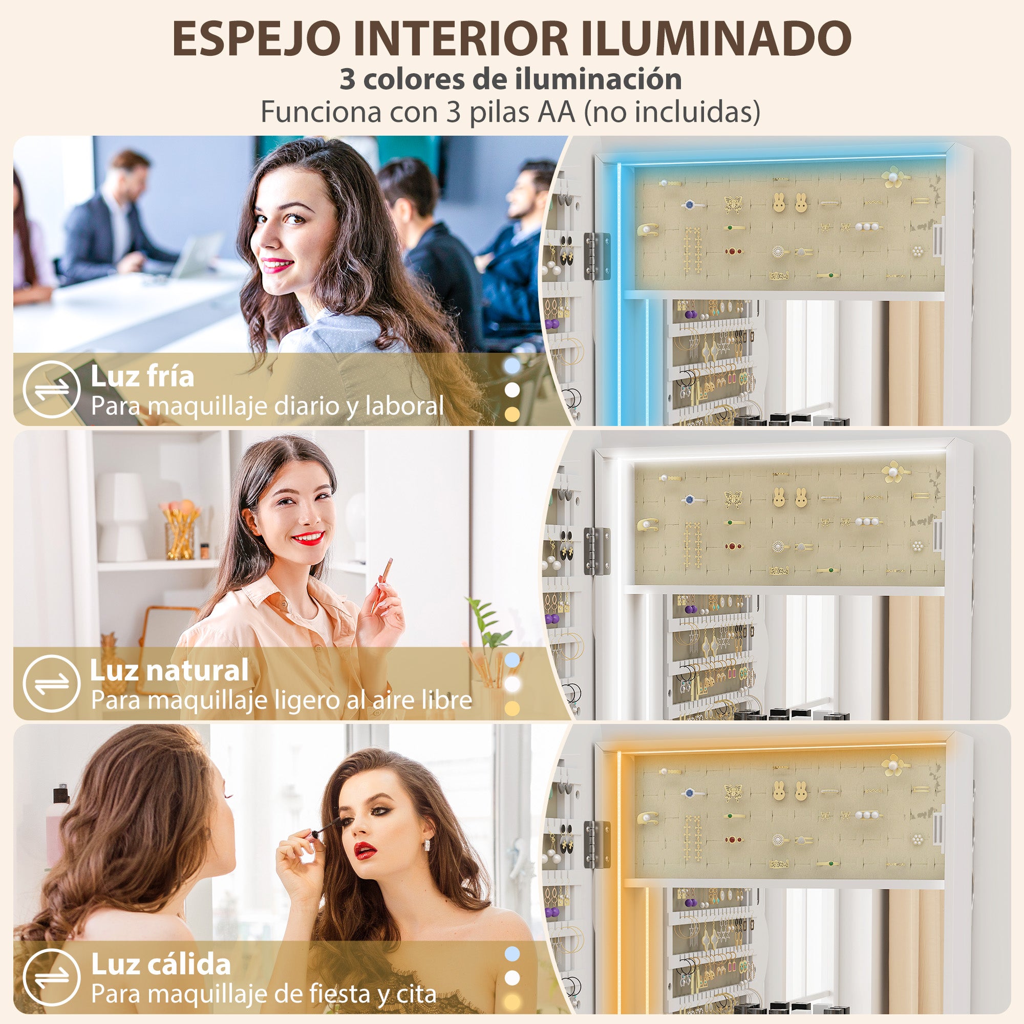 LED Jewelry Mirror with 3-Color Light, Wall- or Door-Mount Jewelry Cabinet with Lock, Full-Length Wavy Design, White