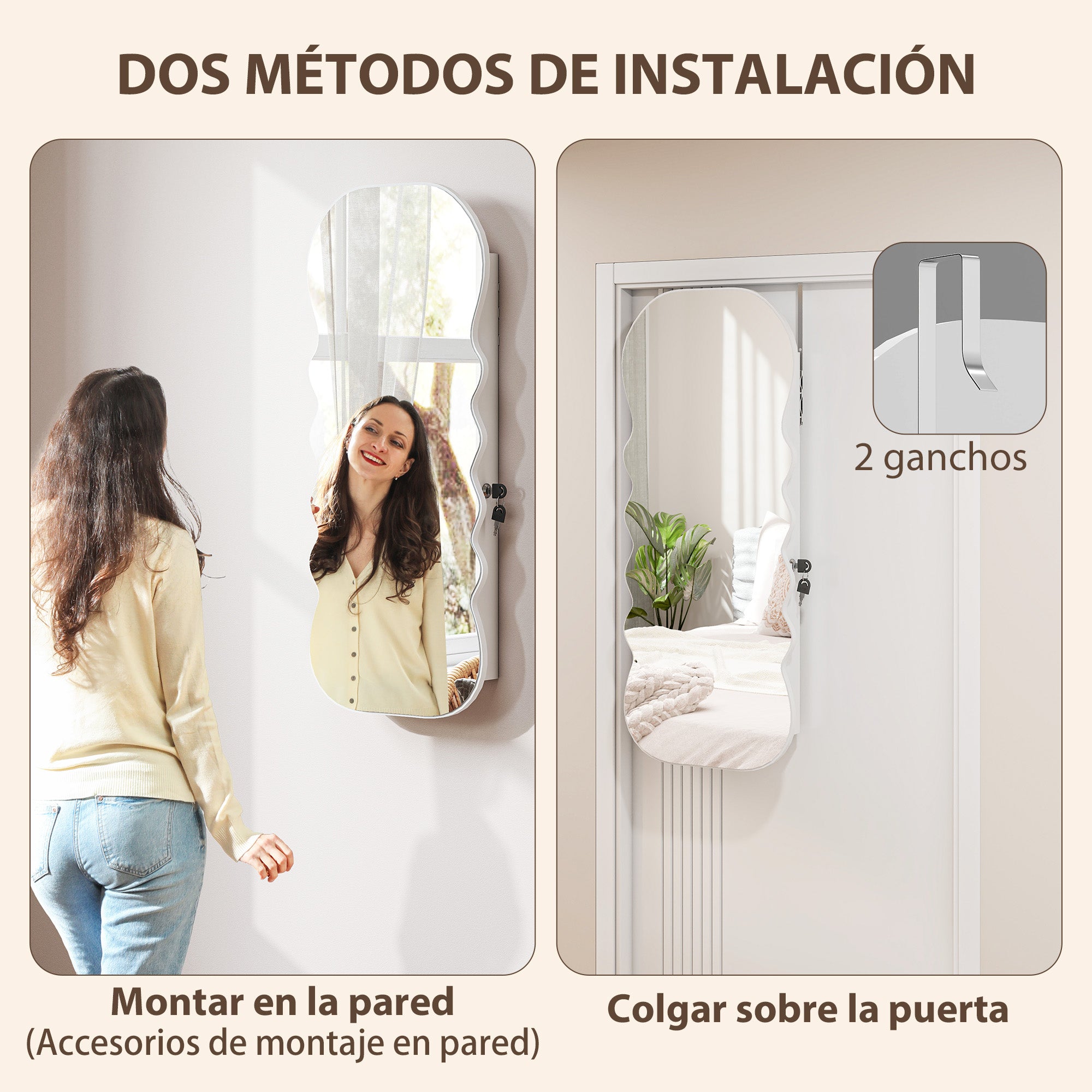 LED Jewelry Mirror with 3-Color Light, Wall- or Door-Mount Jewelry Cabinet with Lock, Full-Length Wavy Design, White