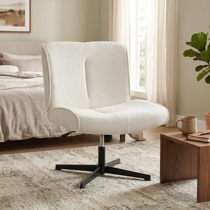 Velvet-Style Swivel Lounge Chair — Height-Adjustable Padded Reading Chair with Cross-Leg Steel Base, Cream White