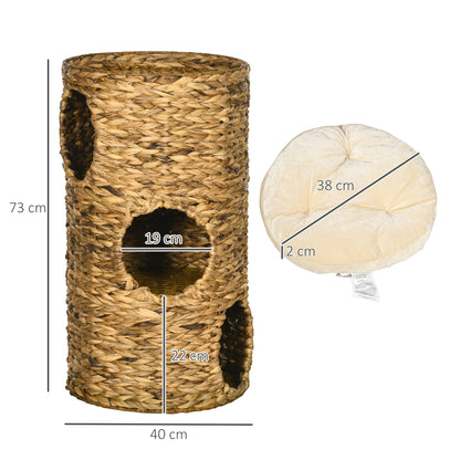 Scratching Post, 73 cm High Cat Tower with 3 Caves, Scratching Post with Cushion, Cat Tower Made of Water Hyacinth, for Cats up to 3.5 kg, Light Brown