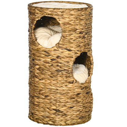 Scratching Post, 73 cm High Cat Tower with 3 Caves, Scratching Post with Cushion, Cat Tower Made of Water Hyacinth, for Cats up to 3.5 kg, Light Brown