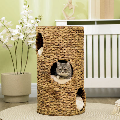 Scratching Post, 73 cm High Cat Tower with 3 Caves, Scratching Post with Cushion, Cat Tower Made of Water Hyacinth, for Cats up to 3.5 kg, Light Brown