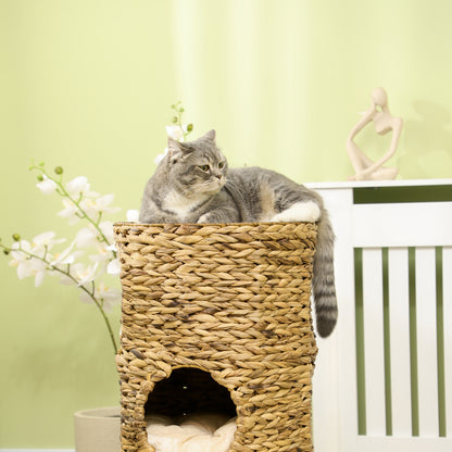 Scratching Post, 73 cm High Cat Tower with 3 Caves, Scratching Post with Cushion, Cat Tower Made of Water Hyacinth, for Cats up to 3.5 kg, Light Brown