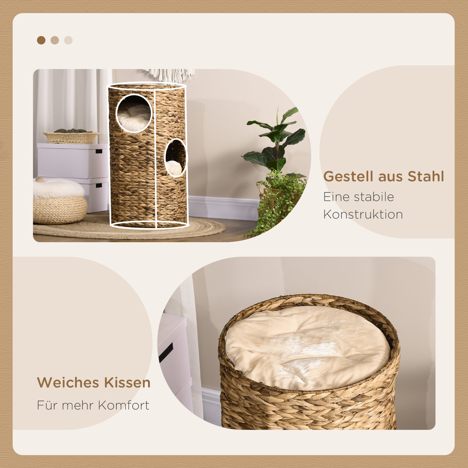 Scratching Post, 73 cm High Cat Tower with 3 Caves, Scratching Post with Cushion, Cat Tower Made of Water Hyacinth, for Cats up to 3.5 kg, Light Brown