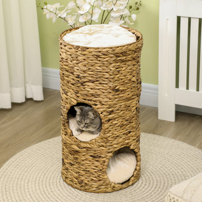 Scratching Post, 73 cm High Cat Tower with 3 Caves, Scratching Post with Cushion, Cat Tower Made of Water Hyacinth, for Cats up to 3.5 kg, Light Brown