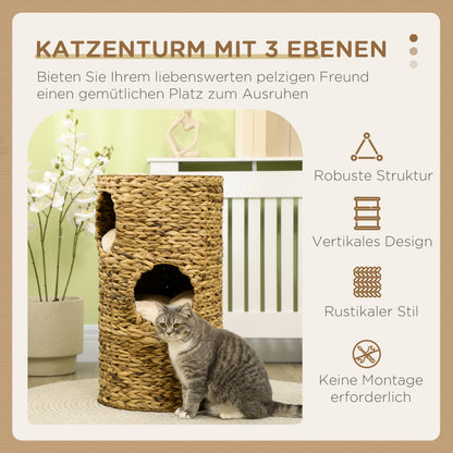 Scratching Post, 73 cm High Cat Tower with 3 Caves, Scratching Post with Cushion, Cat Tower Made of Water Hyacinth, for Cats up to 3.5 kg, Light Brown
