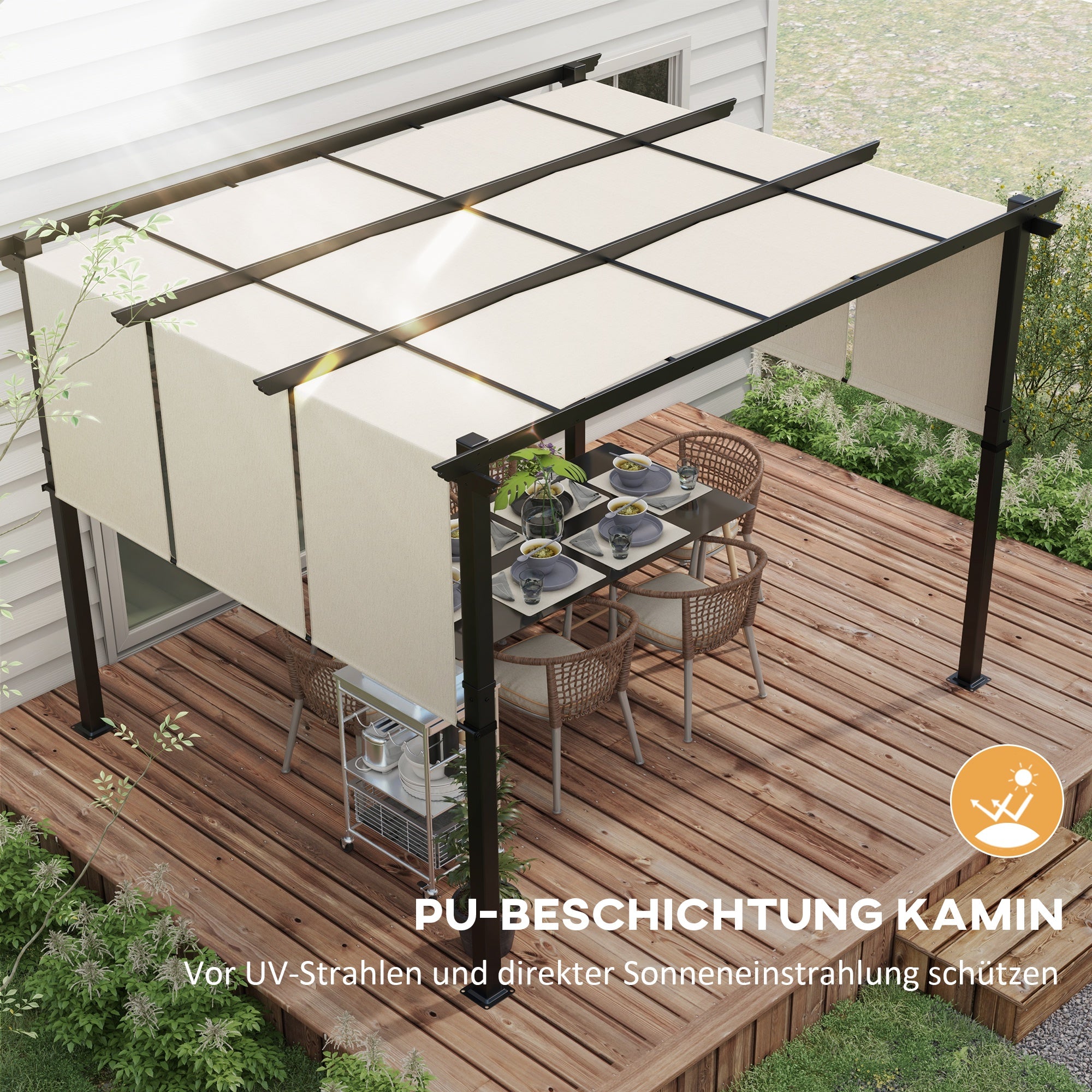 Pergola approx. 11.7 x 9.7 ft Garden Pavilion with Adjustable Roof, Freestanding Metal Patio Canopy for Terrace and Garden, Beige