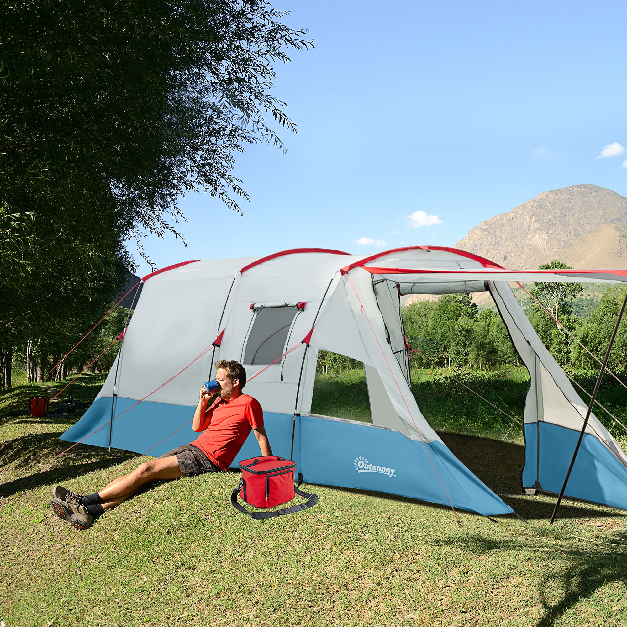 Tunnel Tent for 8 Persons, Camping Tent with Sleeping Cabin, Living Room, Family Tent with Carrying Bag, Groundsheet, Group Tent with 3 Doors, 2000 mm Hydrostatic Head, Blue