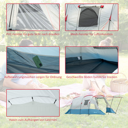 Tunnel Tent for 8 Persons, Camping Tent with Sleeping Cabin, Living Room, Family Tent with Carrying Bag, Groundsheet, Group Tent with 3 Doors, 2000 mm Hydrostatic Head, Blue