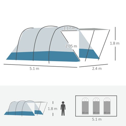Tunnel Tent for 8 Persons, Camping Tent with Sleeping Cabin, Living Room, Family Tent with Carrying Bag, Groundsheet, Group Tent with 3 Doors, 2000 mm Hydrostatic Head, Blue