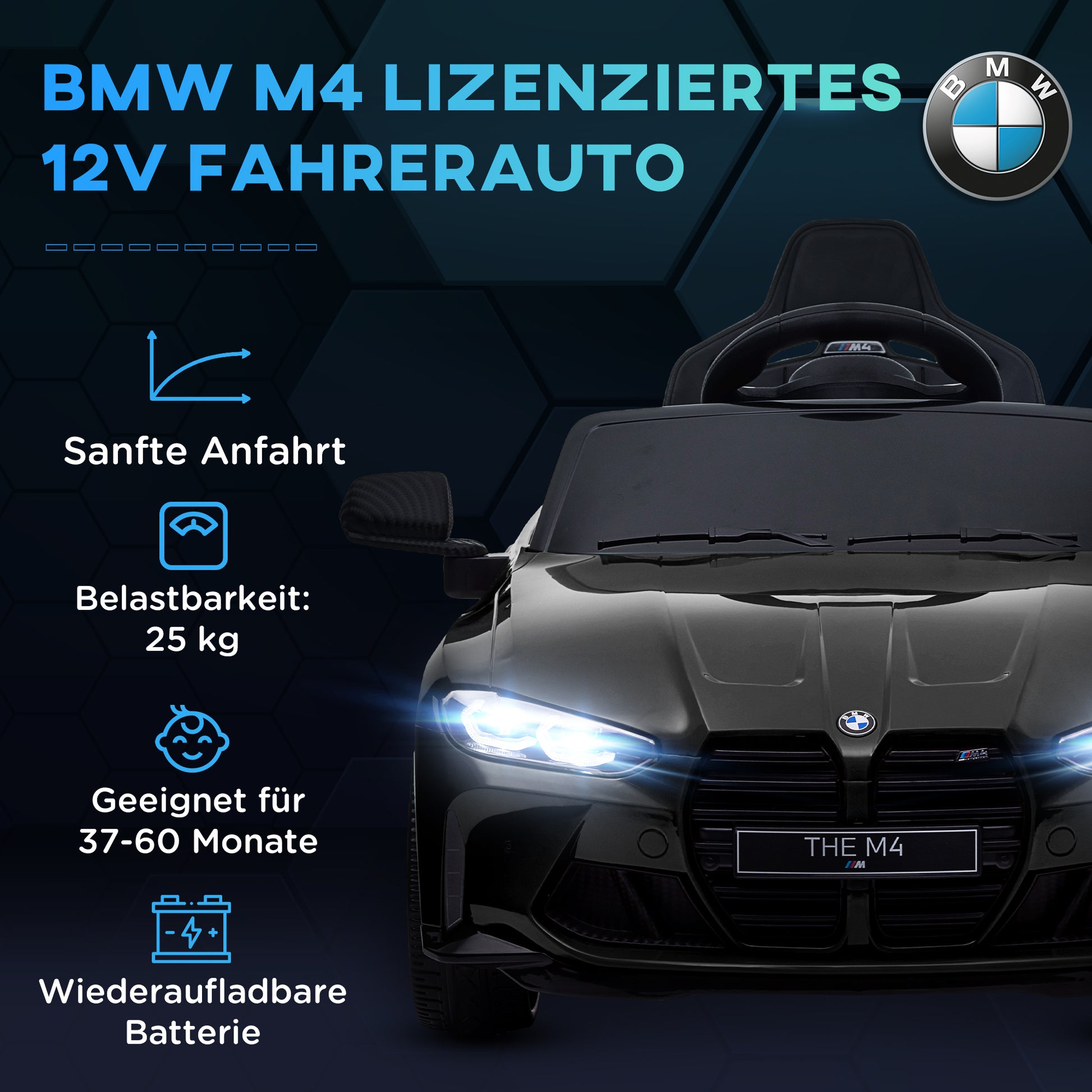 Kids Electric Car 12V Children's Car with 2.4G Remote Control, Suspension, Soft Start, Electric Vehicle with MP3, USB, LED Lights, Horn, 3-5 km/h, for Kids 3-5 Years, Black