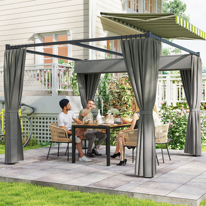 Retractable Roof Pergola Garden Gazebo 10x10 ft with Side Walls Water-Resistant Polyester Canopy Pavilion for Outdoor Garden Patio Terrace Light Gray