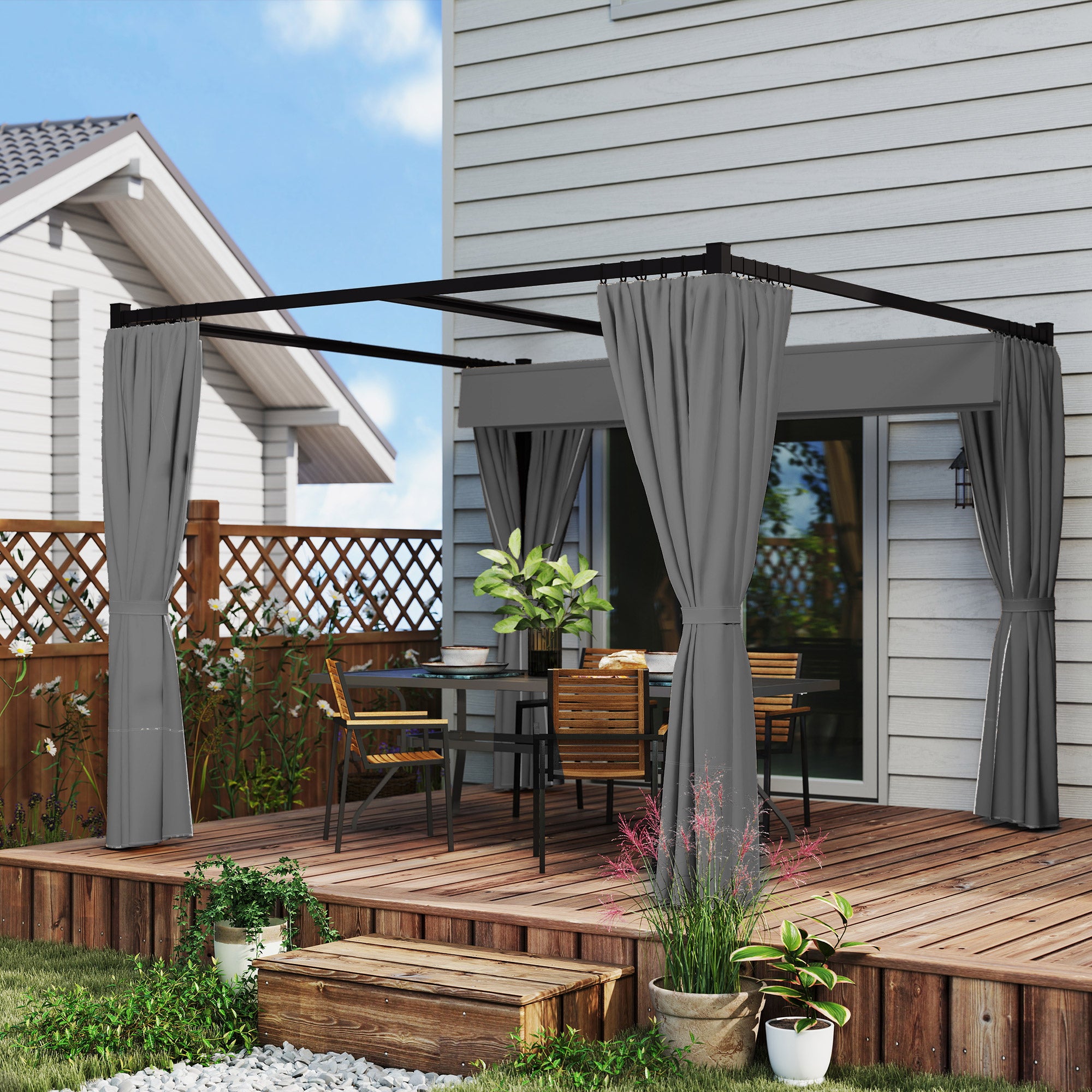 Retractable Roof Pergola Garden Gazebo 10x10 ft with Side Walls Water-Resistant Polyester Canopy Pavilion for Outdoor Garden Patio Terrace Light Gray