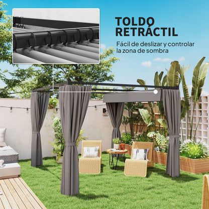 Retractable Roof Pergola Garden Gazebo 10x10 ft with Side Walls Water-Resistant Polyester Canopy Pavilion for Outdoor Garden Patio Terrace Light Gray