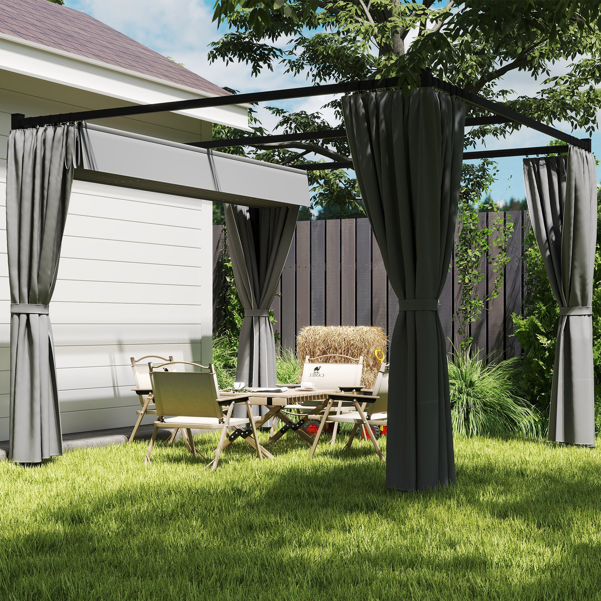 Retractable Roof Pergola Garden Gazebo 10x10 ft with Side Walls Water-Resistant Polyester Canopy Pavilion for Outdoor Garden Patio Terrace Light Gray
