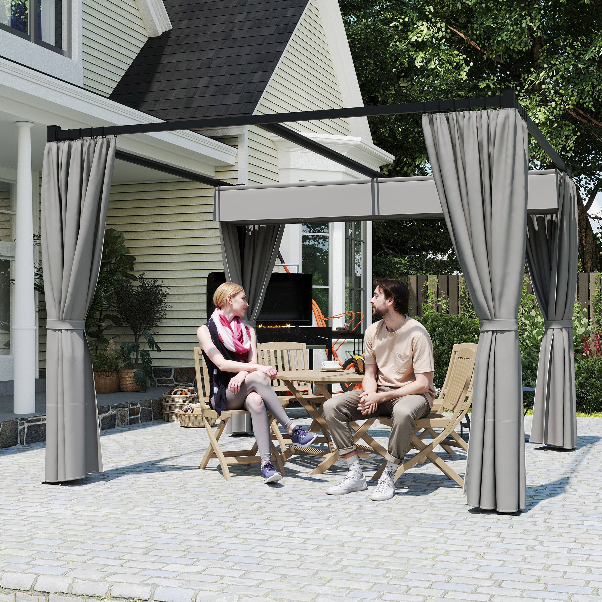 Retractable Roof Pergola Garden Gazebo 10x10 ft with Side Walls Water-Resistant Polyester Canopy Pavilion for Outdoor Garden Patio Terrace Light Gray
