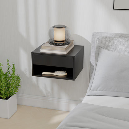 Set of 2 Wall-Mounted Nightstands — Floating Bedside Tables with Sliding Drawer & Open Shelf, Modern Black, 14.6 x 12.6 x 8.3 in