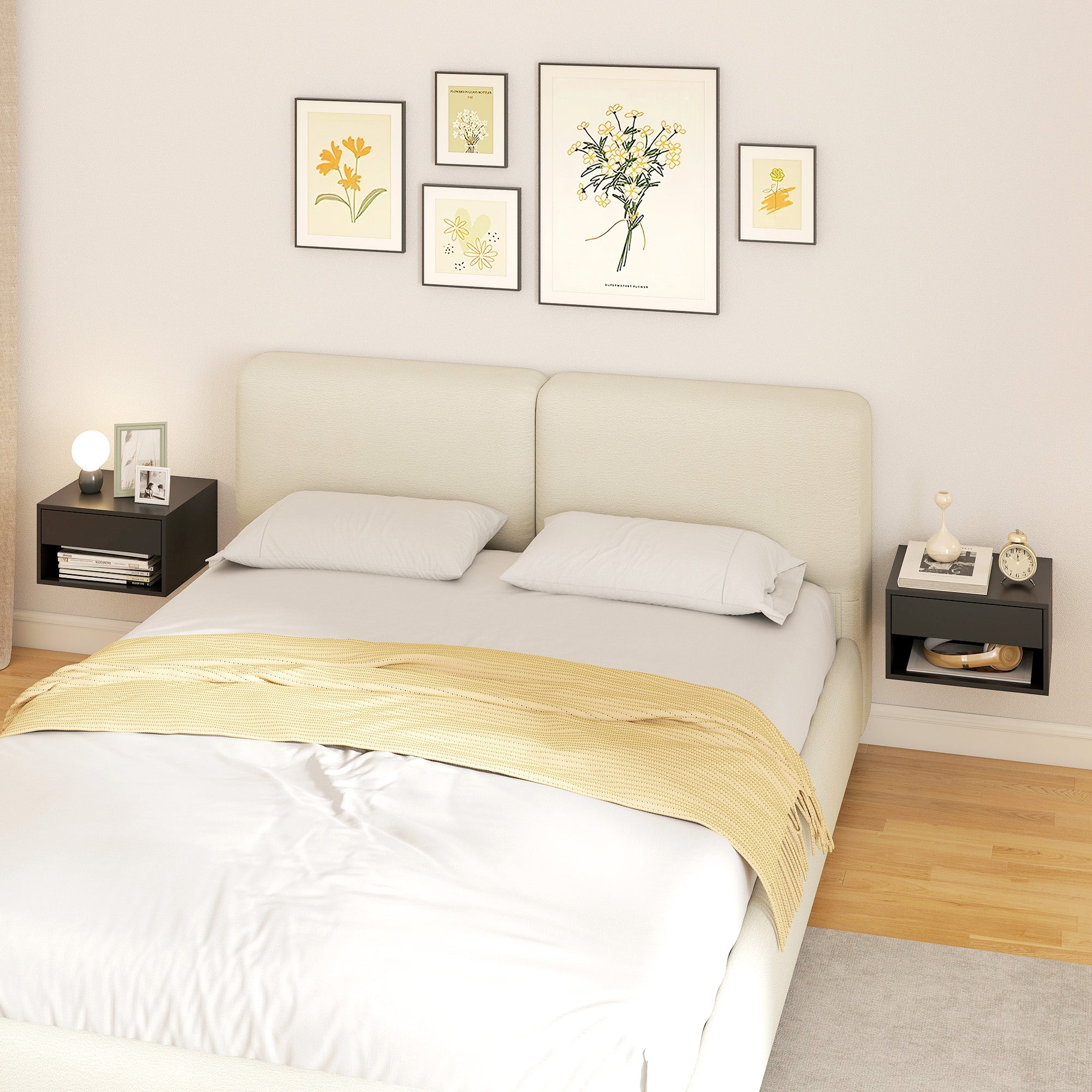 Set of 2 Wall-Mounted Nightstands — Floating Bedside Tables with Sliding Drawer & Open Shelf, Modern Black, 14.6 x 12.6 x 8.3 in