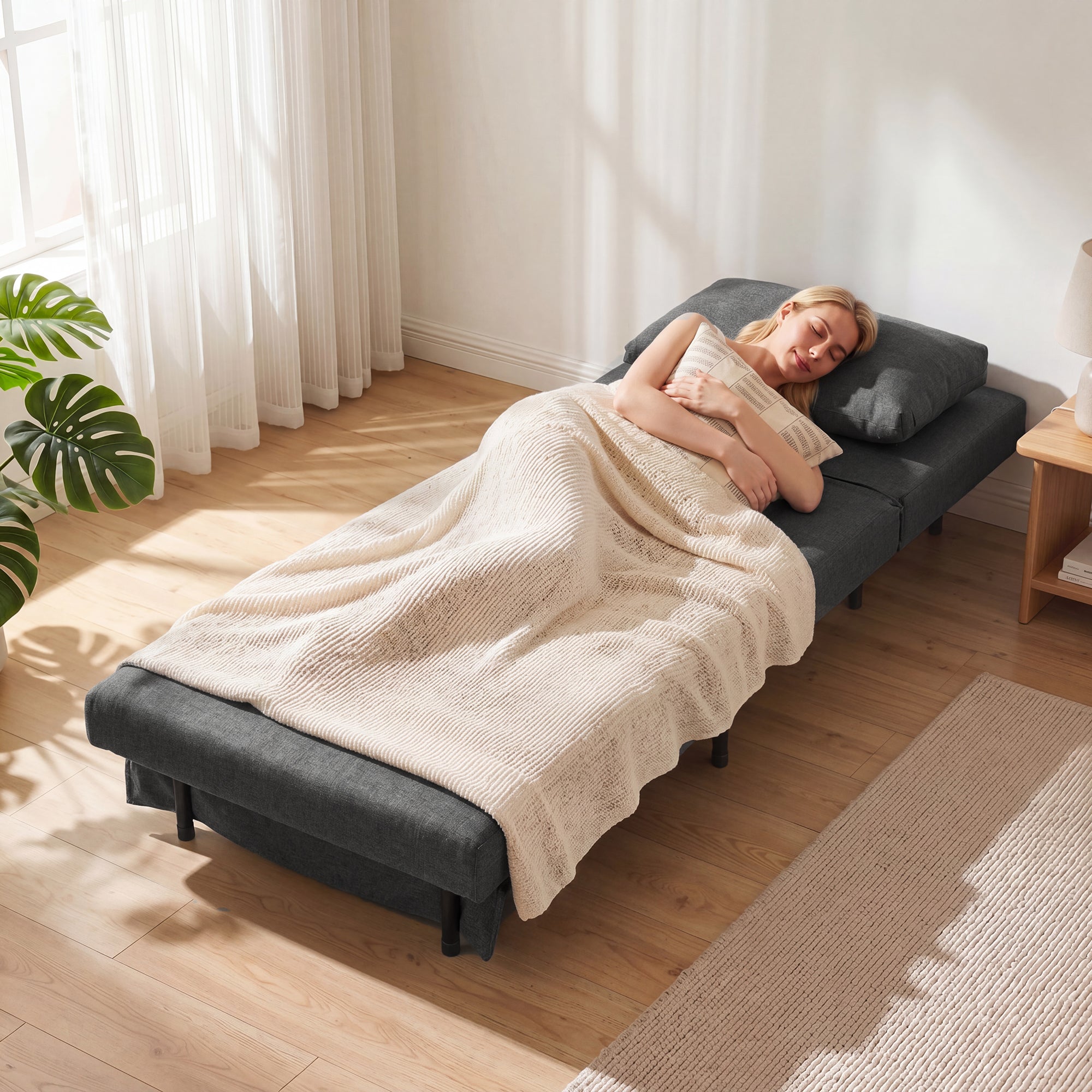 3-in-1 Sleeper Chair with Bed Function, Foldable Recliner with Adjustable Backrest, Lumbar Pillow, Linen-Look Sofa Bed for Living Room or Bedroom, Dark Gray