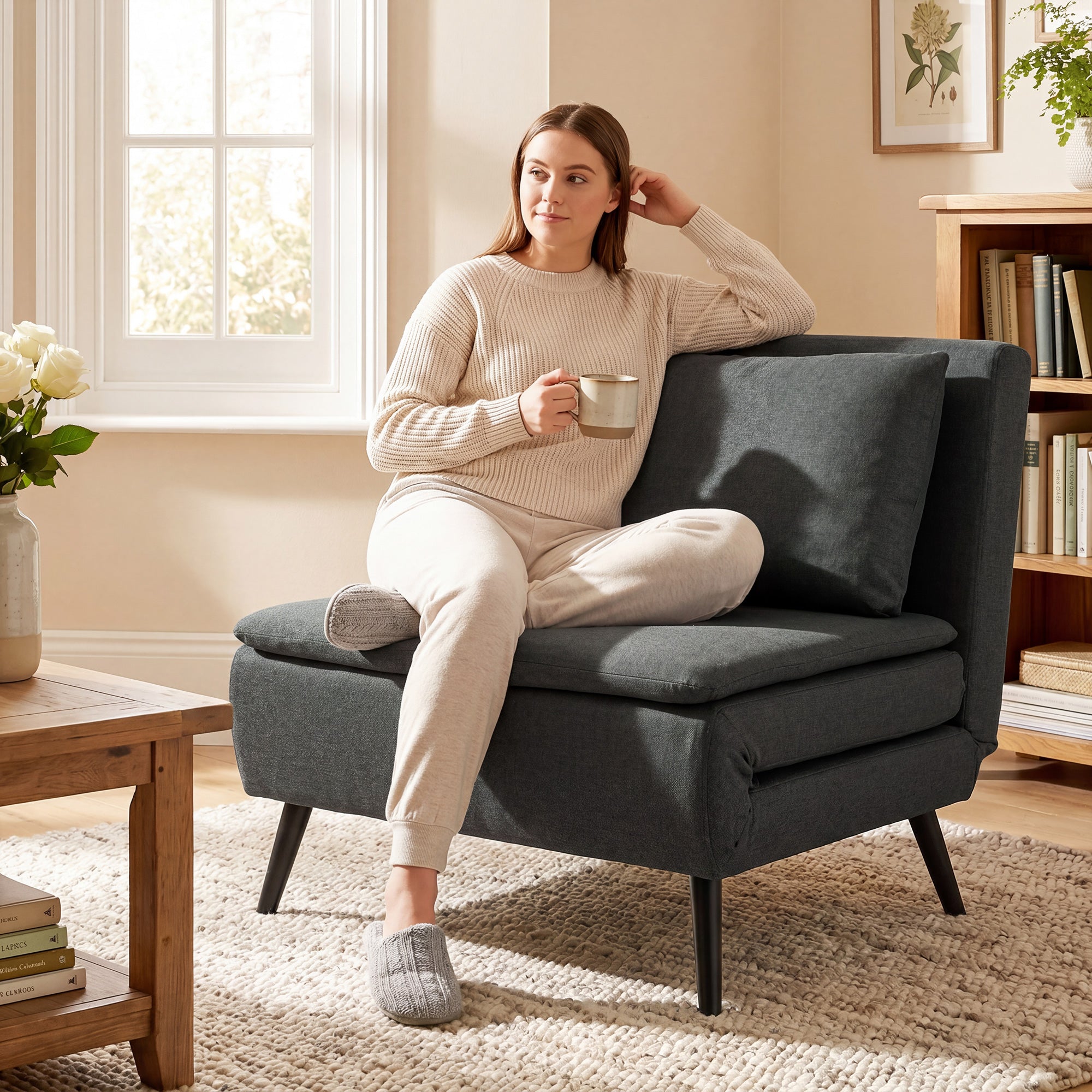 3-in-1 Sleeper Chair with Bed Function, Foldable Recliner with Adjustable Backrest, Lumbar Pillow, Linen-Look Sofa Bed for Living Room or Bedroom, Dark Gray