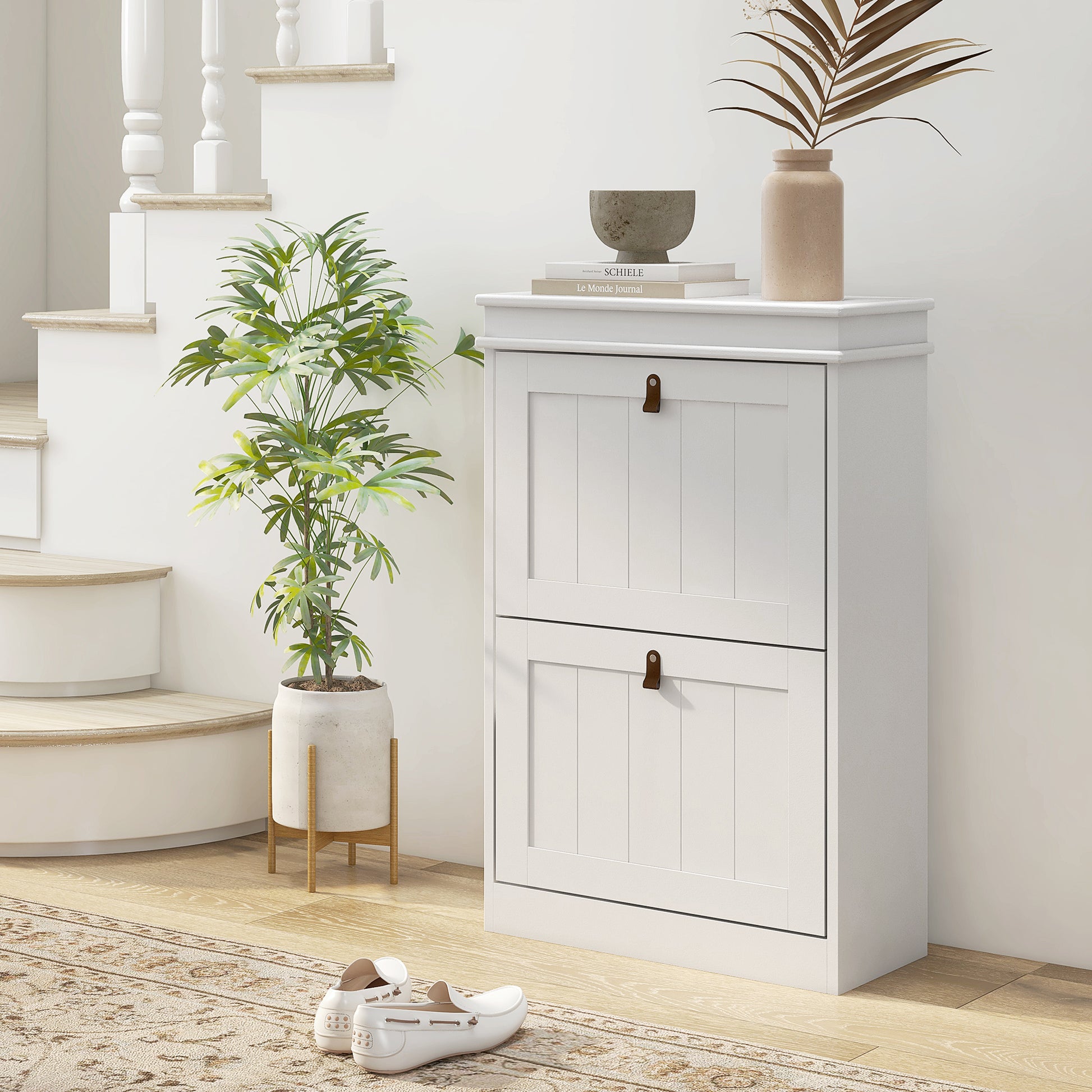 White Shoe Cabinet Narrow Shoe Rack with 2 Flip Doors and Adjustable Shelves for 10 Pairs of Shoes for Entryway Hallway 54x24x82.5 cm