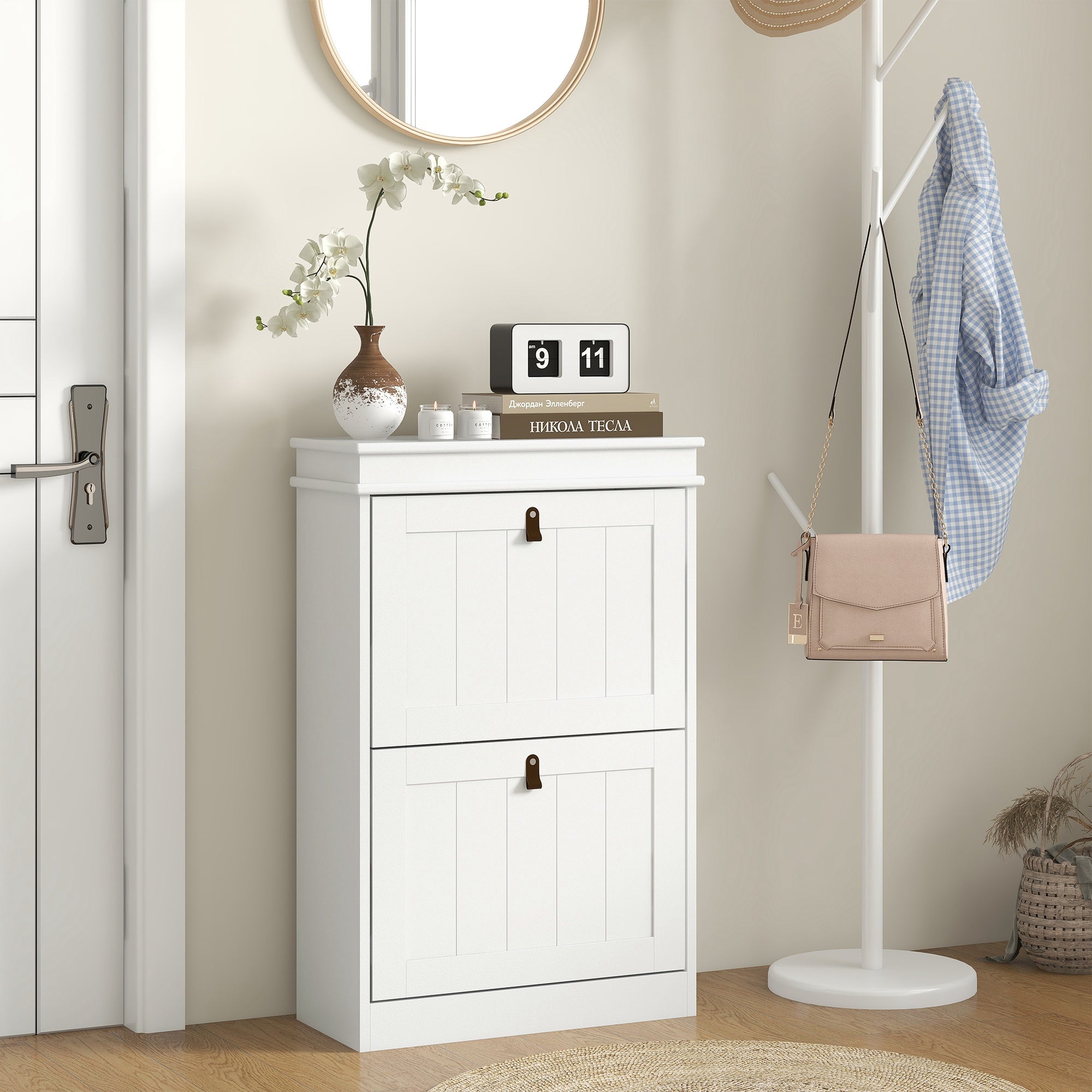 White Shoe Cabinet Narrow Shoe Rack with 2 Flip Doors and Adjustable Shelves for 10 Pairs of Shoes for Entryway Hallway 54x24x82.5 cm