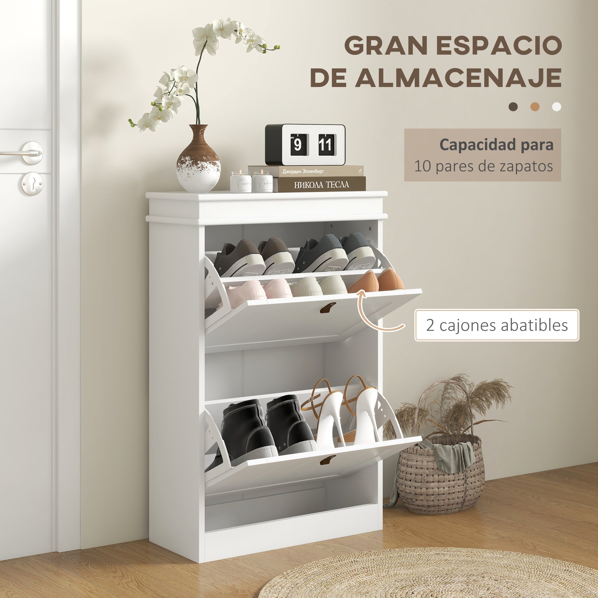 White Shoe Cabinet Narrow Shoe Rack with 2 Flip Doors and Adjustable Shelves for 10 Pairs of Shoes for Entryway Hallway 54x24x82.5 cm