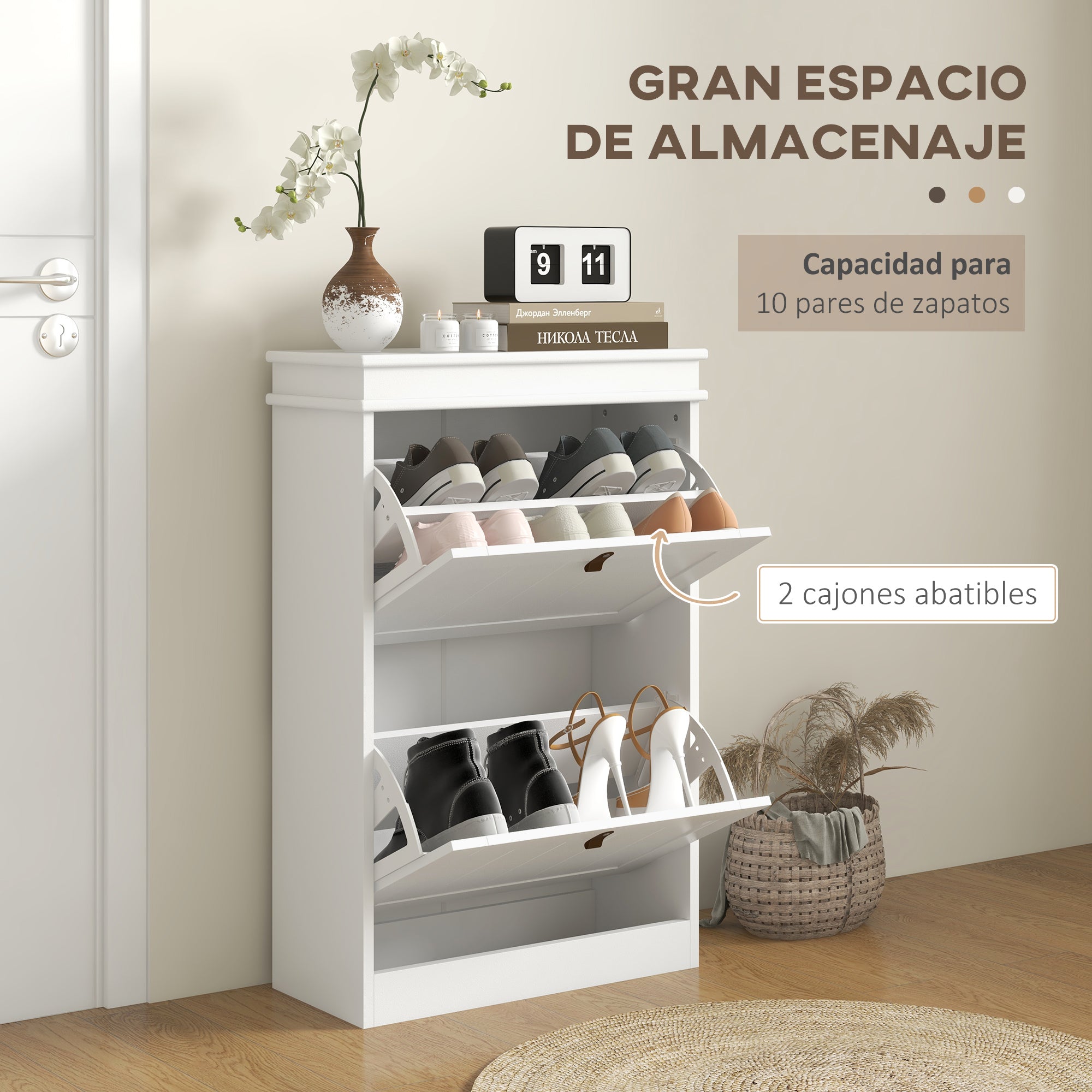 White Shoe Cabinet Narrow Shoe Rack with 2 Flip Doors and Adjustable Shelves for 10 Pairs of Shoes for Entryway Hallway 54x24x82.5 cm