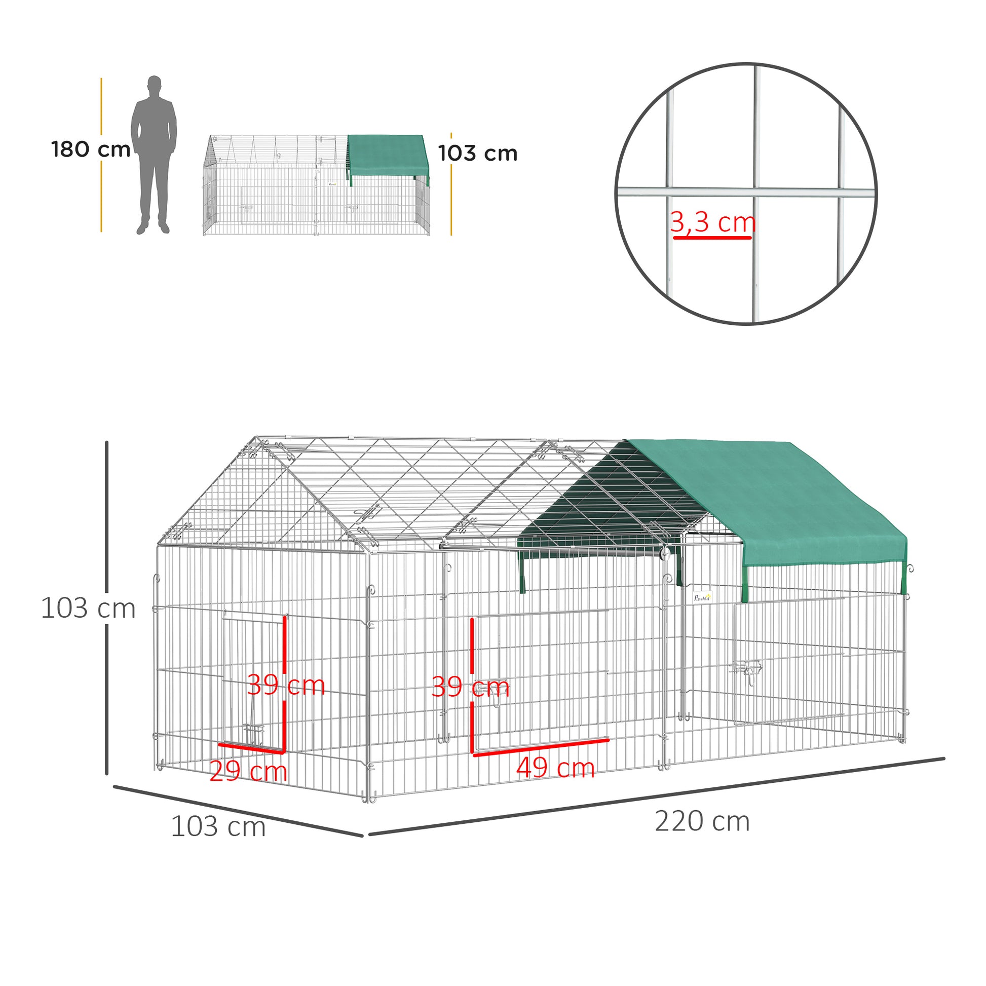 Small Animal Enclosure Cage 220x103x103 cm Rabbit Hutch with 2 Doors and Solar Protection for Rabbit Chickens Ducks Outdoor Garden Patio Silver and Green