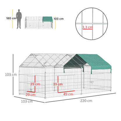 Small Animal Enclosure Cage 220x103x103 cm Rabbit Hutch with 2 Doors and Solar Protection for Rabbit Chickens Ducks Outdoor Garden Patio Silver and Green