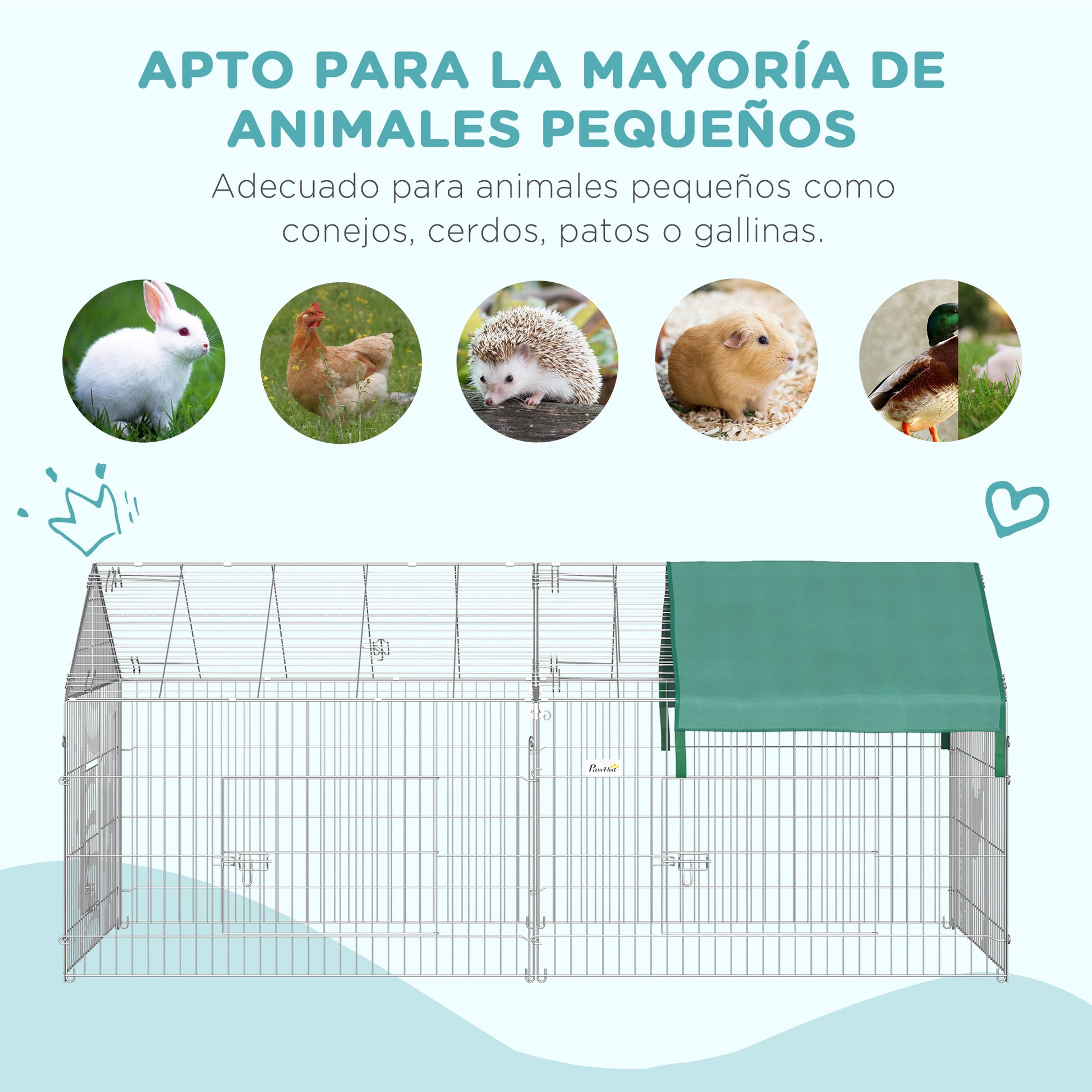 Small Animal Enclosure Cage 220x103x103 cm Rabbit Hutch with 2 Doors and Solar Protection for Rabbit Chickens Ducks Outdoor Garden Patio Silver and Green