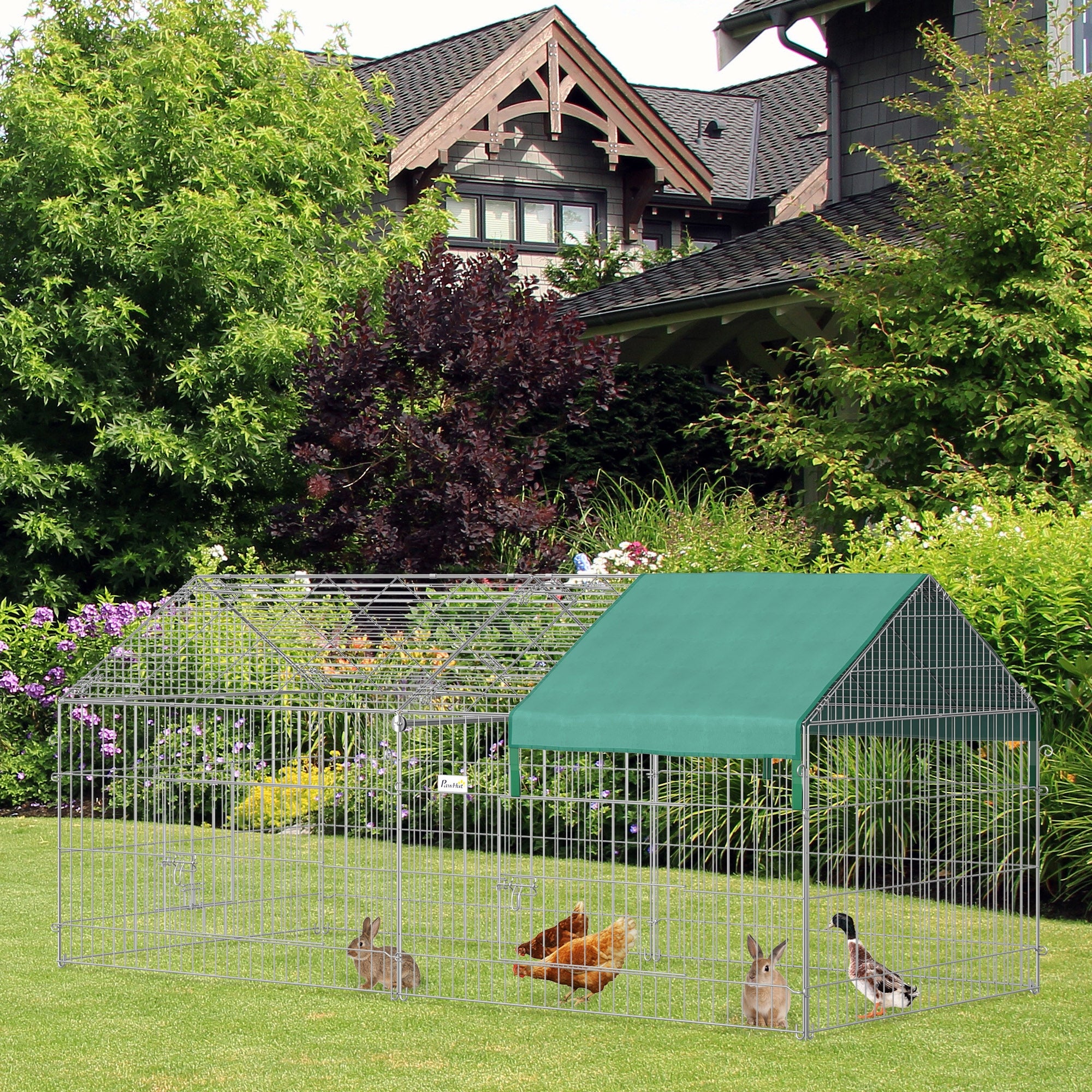 Small Animal Enclosure Cage 220x103x103 cm Rabbit Hutch with 2 Doors and Solar Protection for Rabbit Chickens Ducks Outdoor Garden Patio Silver and Green