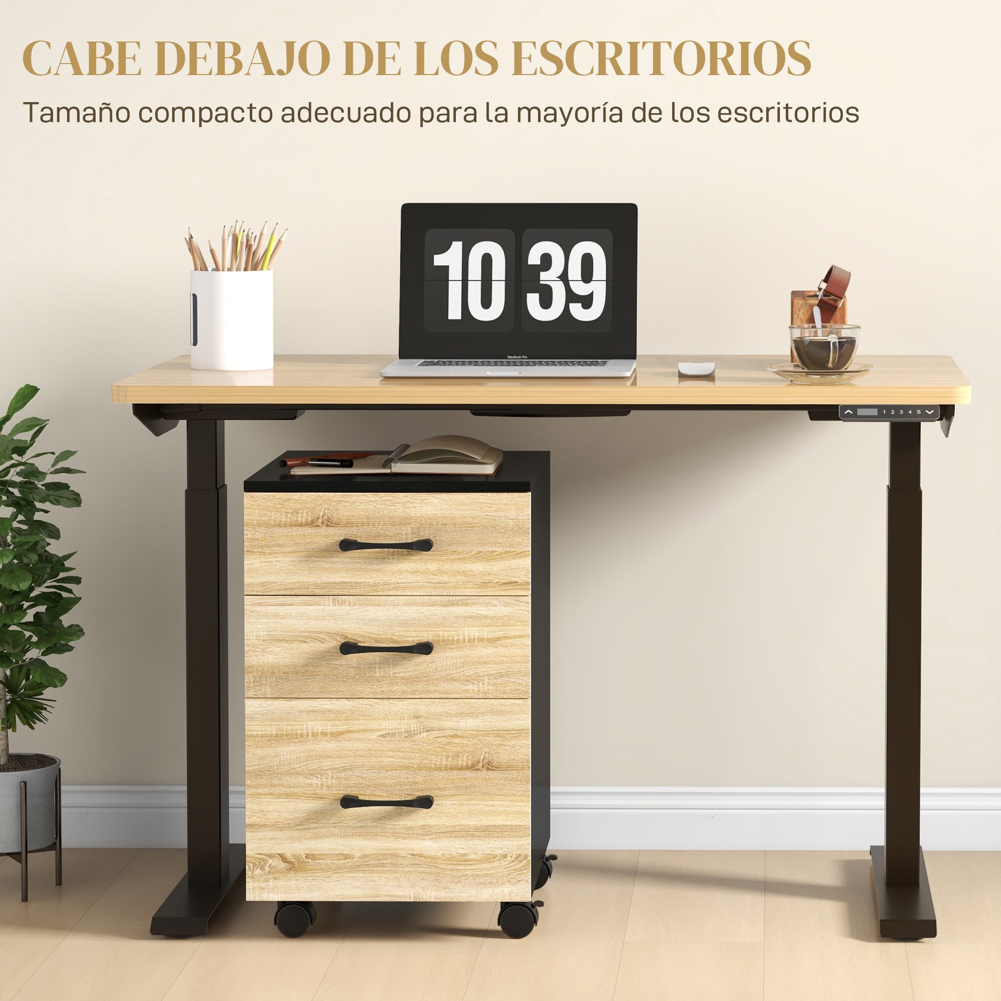 Office Filing Cabinet with 4 Wheels 3 Drawers for A4 Letter Size for Study Living Room 40x42x65 cm Oak and Black