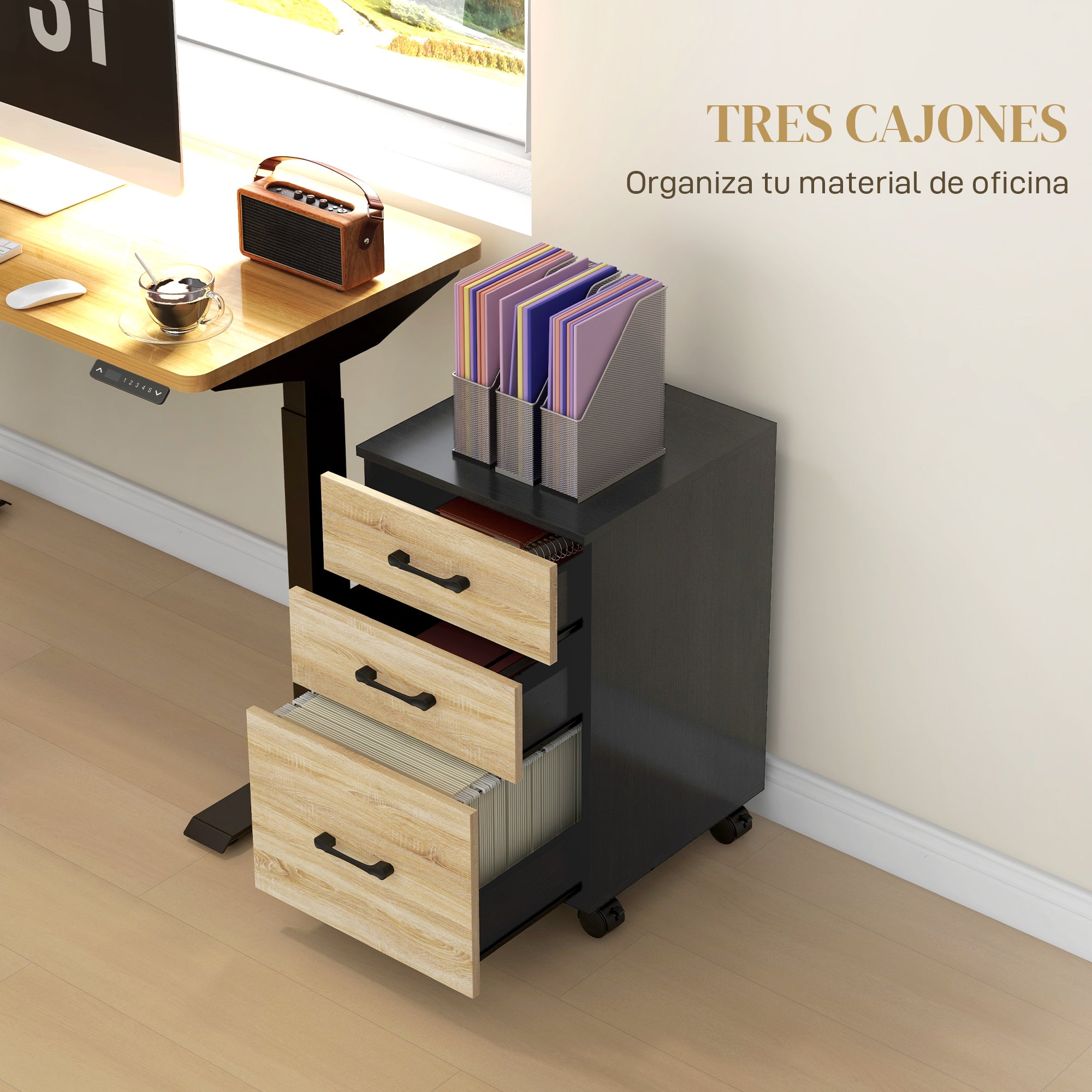 Office Filing Cabinet with 4 Wheels 3 Drawers for A4 Letter Size for Study Living Room 40x42x65 cm Oak and Black