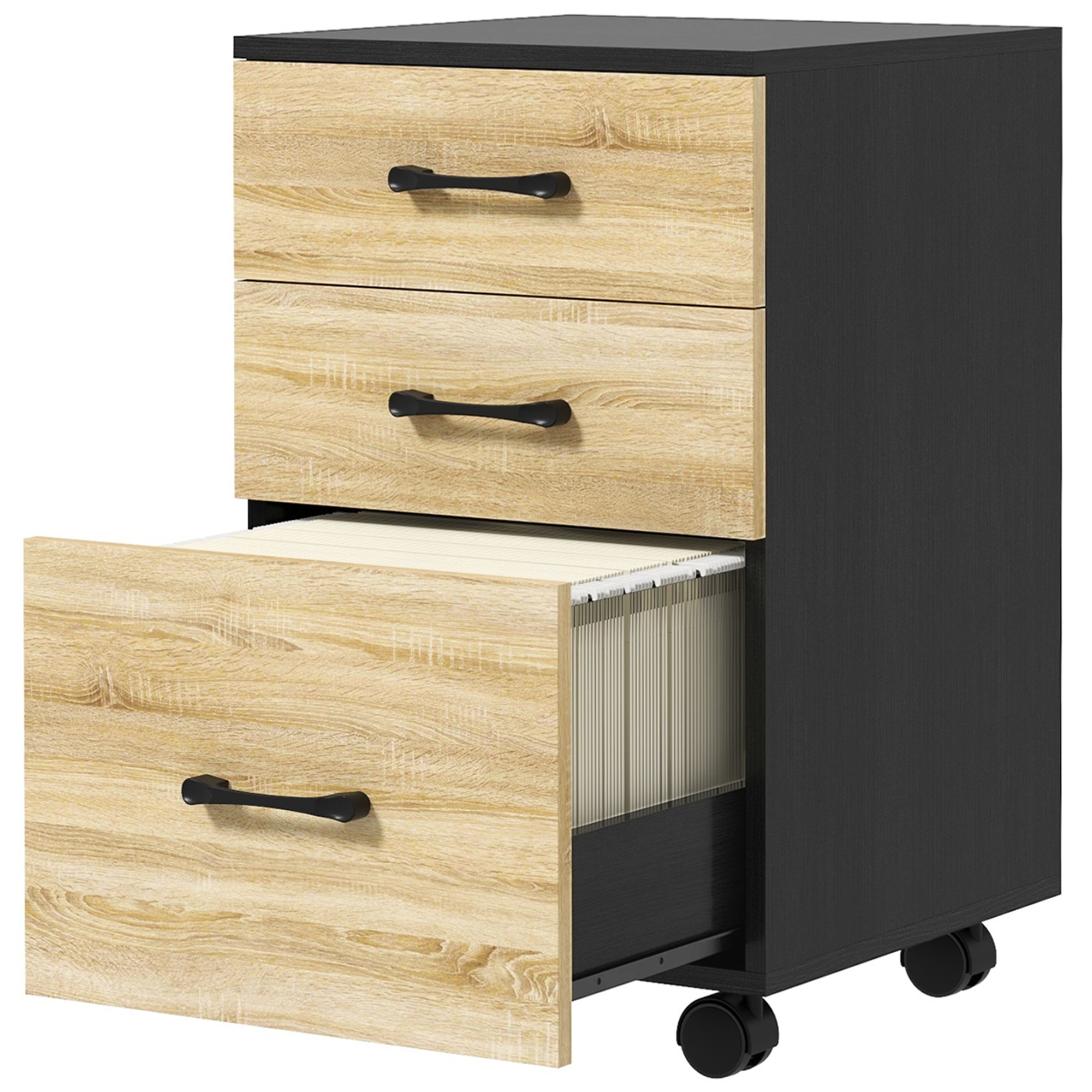 Office Filing Cabinet with 4 Wheels 3 Drawers for A4 Letter Size for Study Living Room 40x42x65 cm Oak and Black