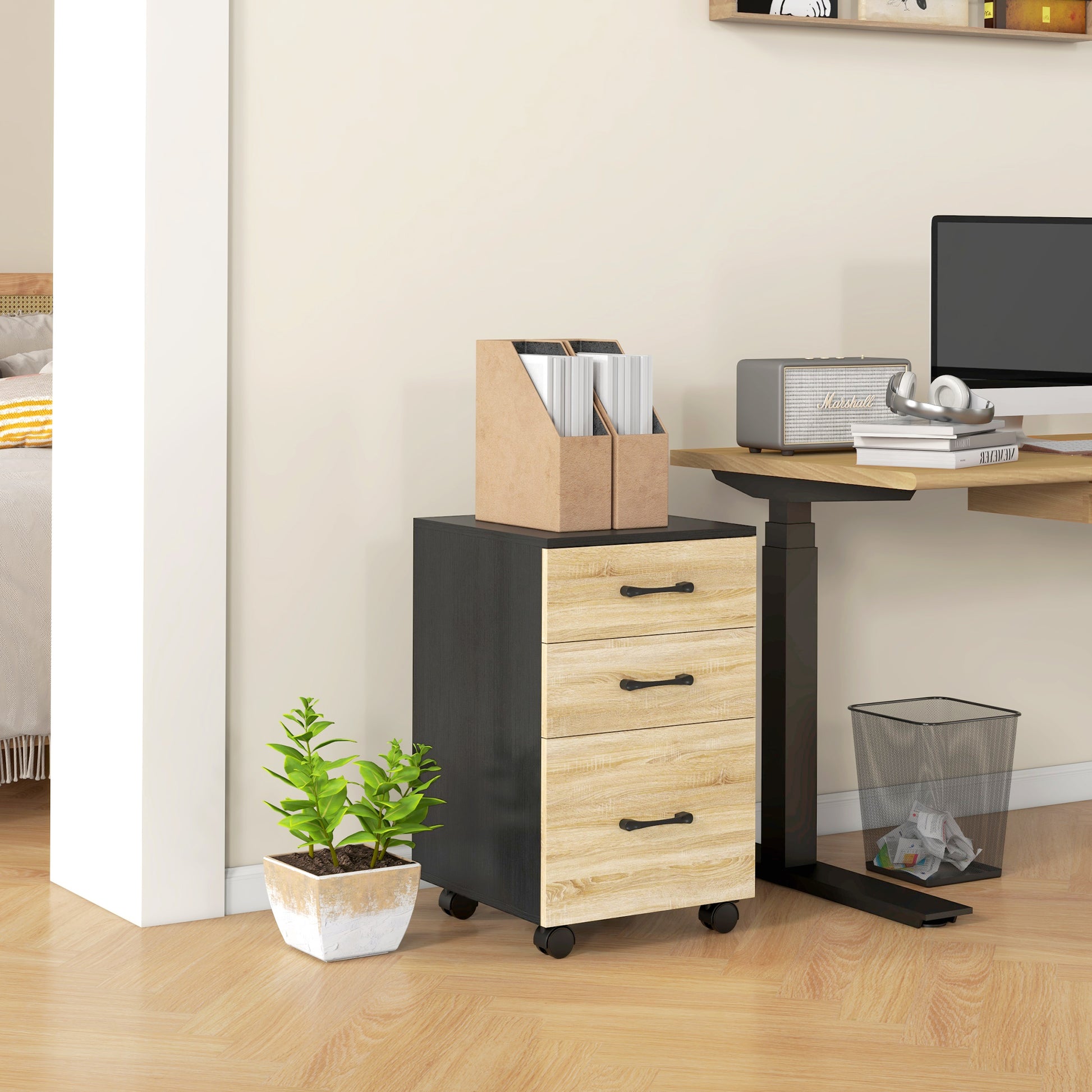 Office Filing Cabinet with 4 Wheels 3 Drawers for A4 Letter Size for Study Living Room 40x42x65 cm Oak and Black